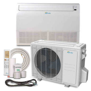 Full indoor and outdoor units, remote control, and installation kit of the Senville 18000 BTU Floor Mounted Mini Split Air Conditioner - Heat Pump - SENA18HFIF