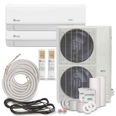 Full installation kit is shown, including two indoor units, an outdoor unit, remotes, and accessories for the Senville 48000 BTU Dual Zone Mini Split Air Conditioner - Heat Pump - SENA48HFD