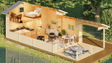 Full interior of the GardenHouse24 USA Lake House 70A Garden Room, including a loft bed, kitchen, dining area, and living space