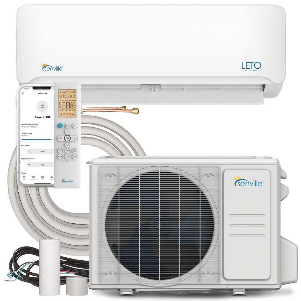 Full kit of the Senville 9000 BTU Mini Split Air Conditioner - Heat Pump - SENL09CD110V includes the indoor unit, outdoor unit, remote control, app interface, and all necessary installation accessories