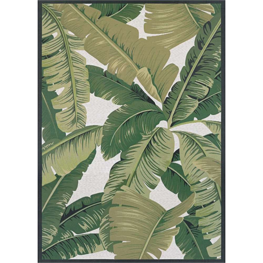 Full layout of Couristan Dolce Indoor/Outdoor Rug - Palm Lily/Hunter Green-Ivory features overlapping green palm leaves on an ivory background with a black border