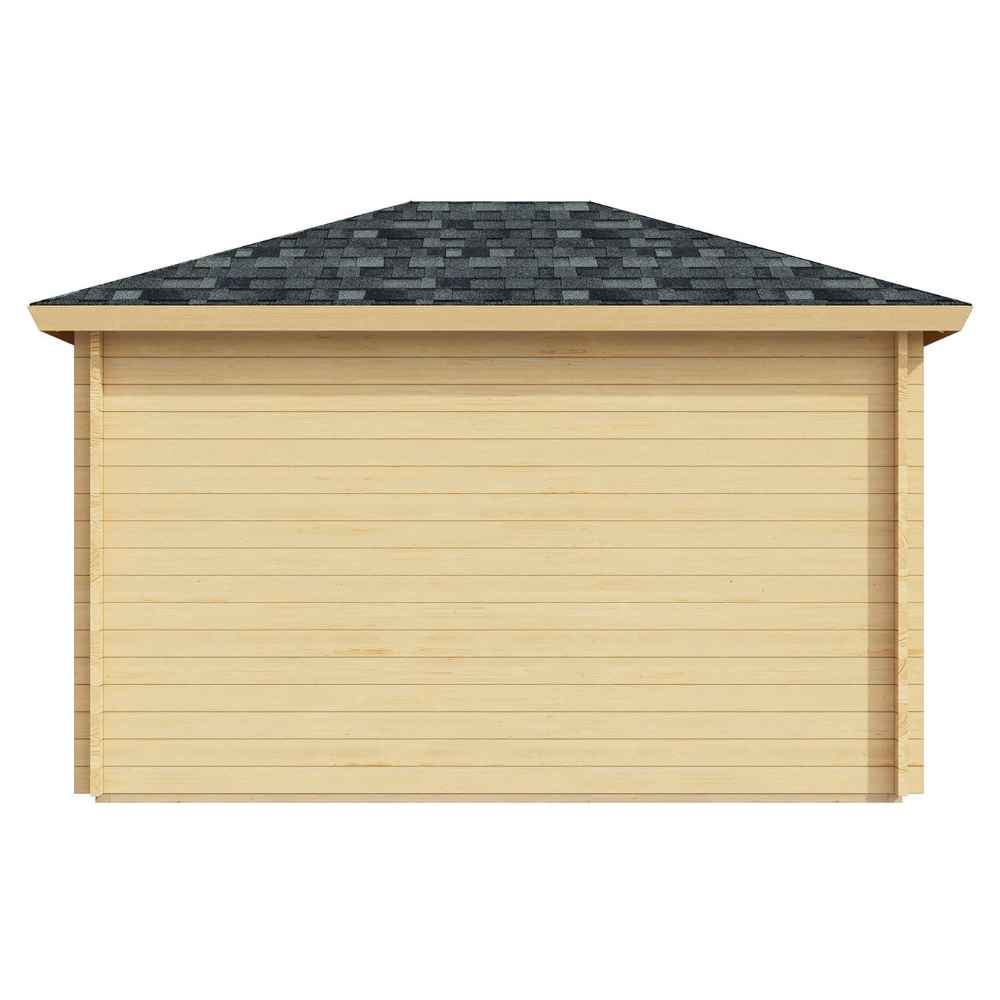 Full rear elevation of the GardenHouse24 USA Pavilion ALU 44B Garden Room displays its smooth wooden paneling and overhanging roof