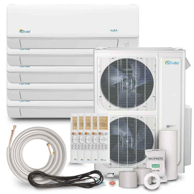 Full system package with indoor units, outdoor unit, remotes, and installation accessories for Senville 48000 BTU Five Zone Mini Split Air Conditioner - Heat Pump - SENA48HFF