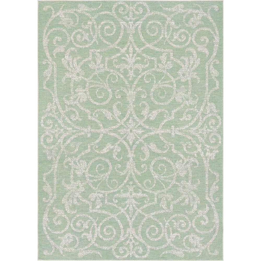 Full view of Couristan Monaco Indoor/Outdoor Rug - Summer Quay/Ivory-Light Green shows its elegant scroll pattern in ivory on a soft green background