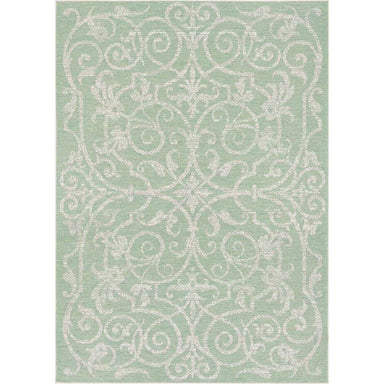 Full view of Couristan Monaco Indoor/Outdoor Rug - Summer Quay/Ivory-Light Green shows its elegant scroll pattern in ivory on a soft green background