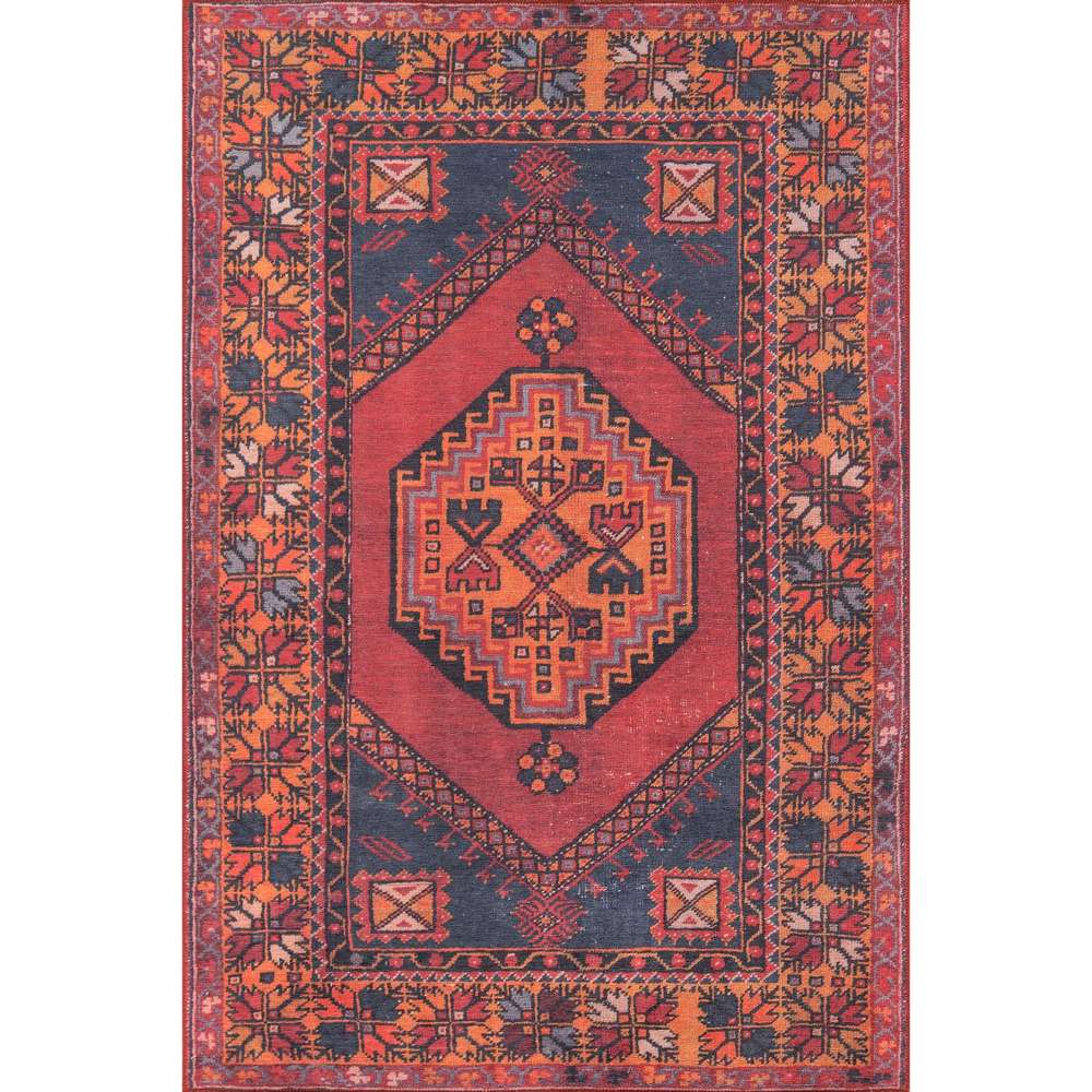 Full view of Momeni Afshar Indoor Rug - AFS16 Red displays its symmetrical medallion and ornate borders in a timeless rectangular format