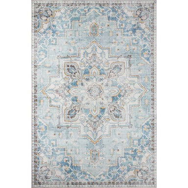 Full view of Momeni Afshar Indoor Rug - AFS32 Light Blue featuring a traditional medallion design in light blue, ivory, and soft gold