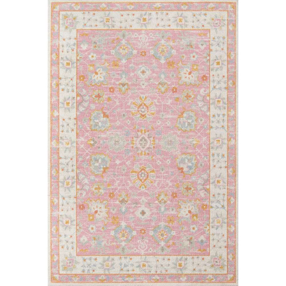 Full view of Momeni Anatolia Indoor Rug - ANA-8 Pink displays its symmetrical floral patterns framed by a soft cream border