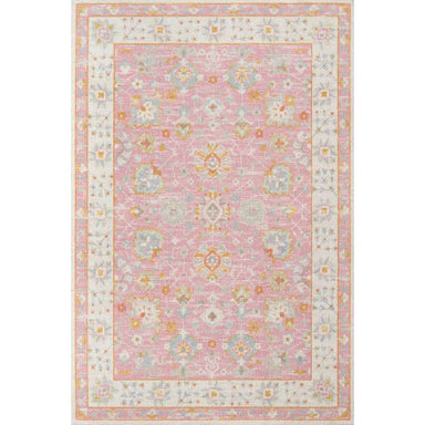 Full view of Momeni Anatolia Indoor Rug - ANA-8 Pink displays its symmetrical floral patterns framed by a soft cream border