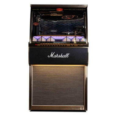 Full front view of the Marshall Rocket Full Size LP Jukebox - Black with modern features like illuminated song panels and stylish speaker grilles