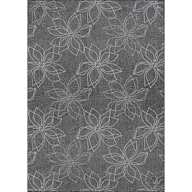 Full rectangular Couristan Charm Indoor/Outdoor Rug - Botanical/Ash features a repeating pattern of white outlined flowers on an ash-toned background
