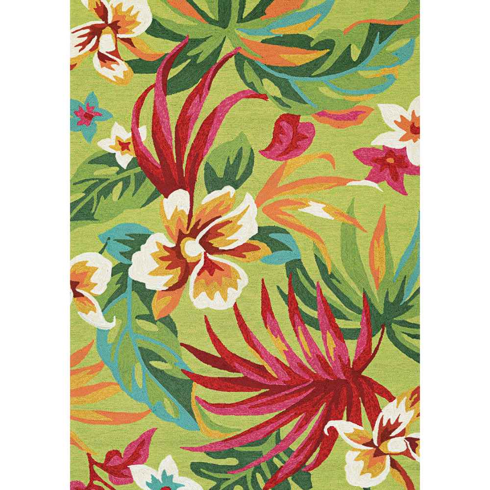 Full rectangular Couristan Covington Indoor/Outdoor Rug - Painted Fern/Fern-Red displays an energetic pattern of red and orange tropical blooms on a green background