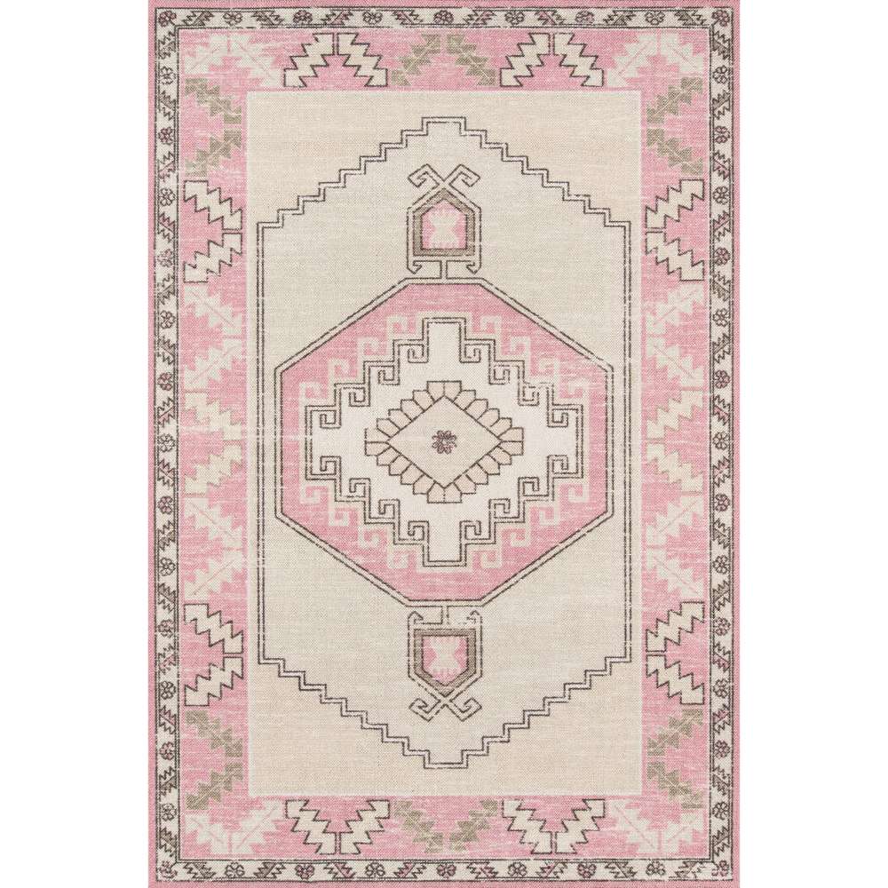 Full rectangular view of Momeni Anatolia Indoor Rug - ANA-2 Pink displays its symmetrical medallion and border design