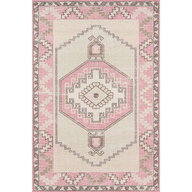 Full rectangular view of Momeni Anatolia Indoor Rug - ANA-2 Pink displays its symmetrical medallion and border design