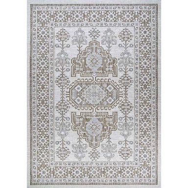 Full rectangular view of the Couristan Charm Indoor/Outdoor Rug - Woodburn/Ivory-Sand showcases its balanced medallion layout and decorative borders