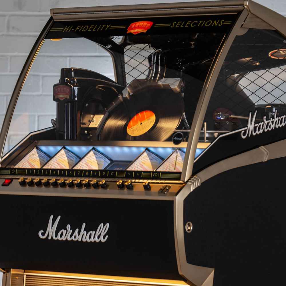 Full top section of the Marshall Rocket Full Size LP Jukebox - Black, showcasing its record player mechanism under a curved glass panel