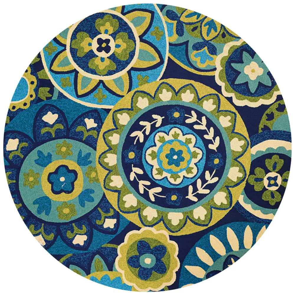 Full view of the 7'10" Round Couristan Covington Indoor/Outdoor Rug - Rip Tide/Ocean-Green reveals its bold, overlapping medallion pattern in vibrant oceanic tones