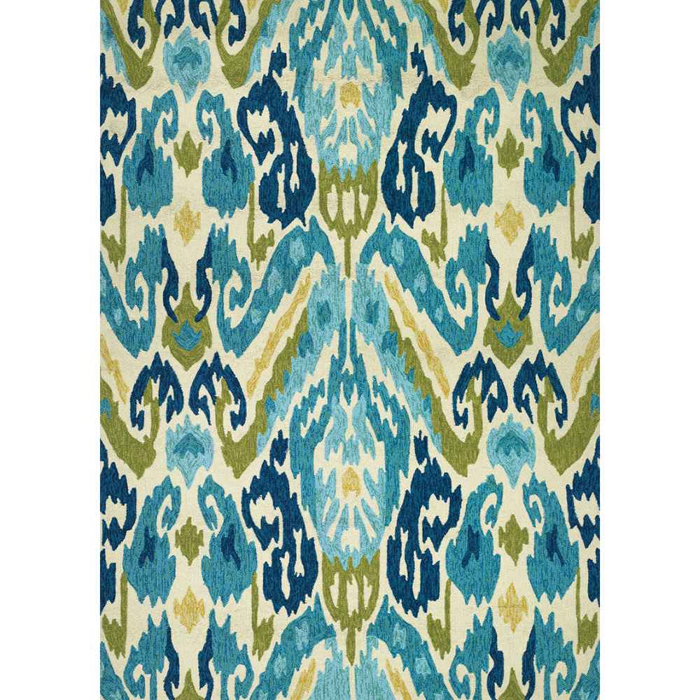 Full view of the Couristan Covington Indoor/Outdoor Rug - Delfina/Azure-Lemon displays a symmetrical, ikat-inspired pattern in bright azure, lemon, and sage tones
