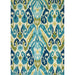 Full view of the Couristan Covington Indoor/Outdoor Rug - Delfina/Azure-Lemon displays a symmetrical, ikat-inspired pattern in bright azure, lemon, and sage tones
