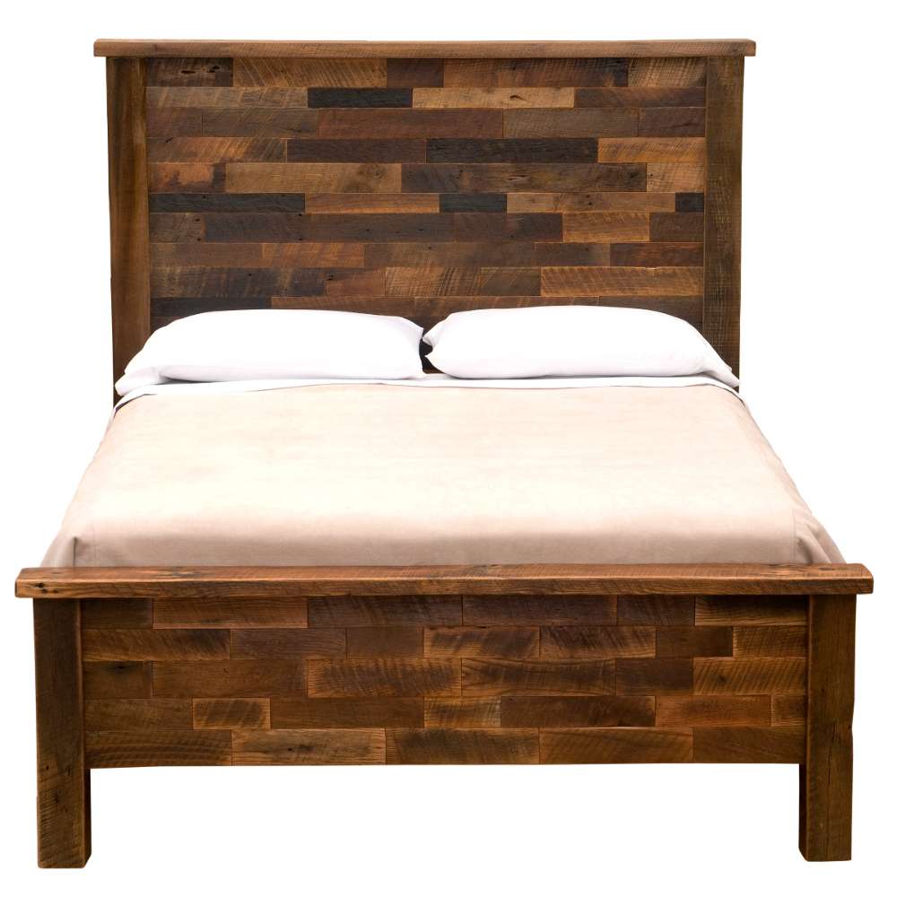 Fully assembled Fireside Lodge Barnwood Americana Bed with a tall wooden headboard, matching footboard, and neatly made mattress