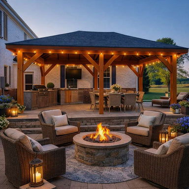Fully styled Brookside Timber Frame Timber Crest Pavilion features an outdoor kitchen, dining area, and nearby fire pit surrounded by cushioned chairs