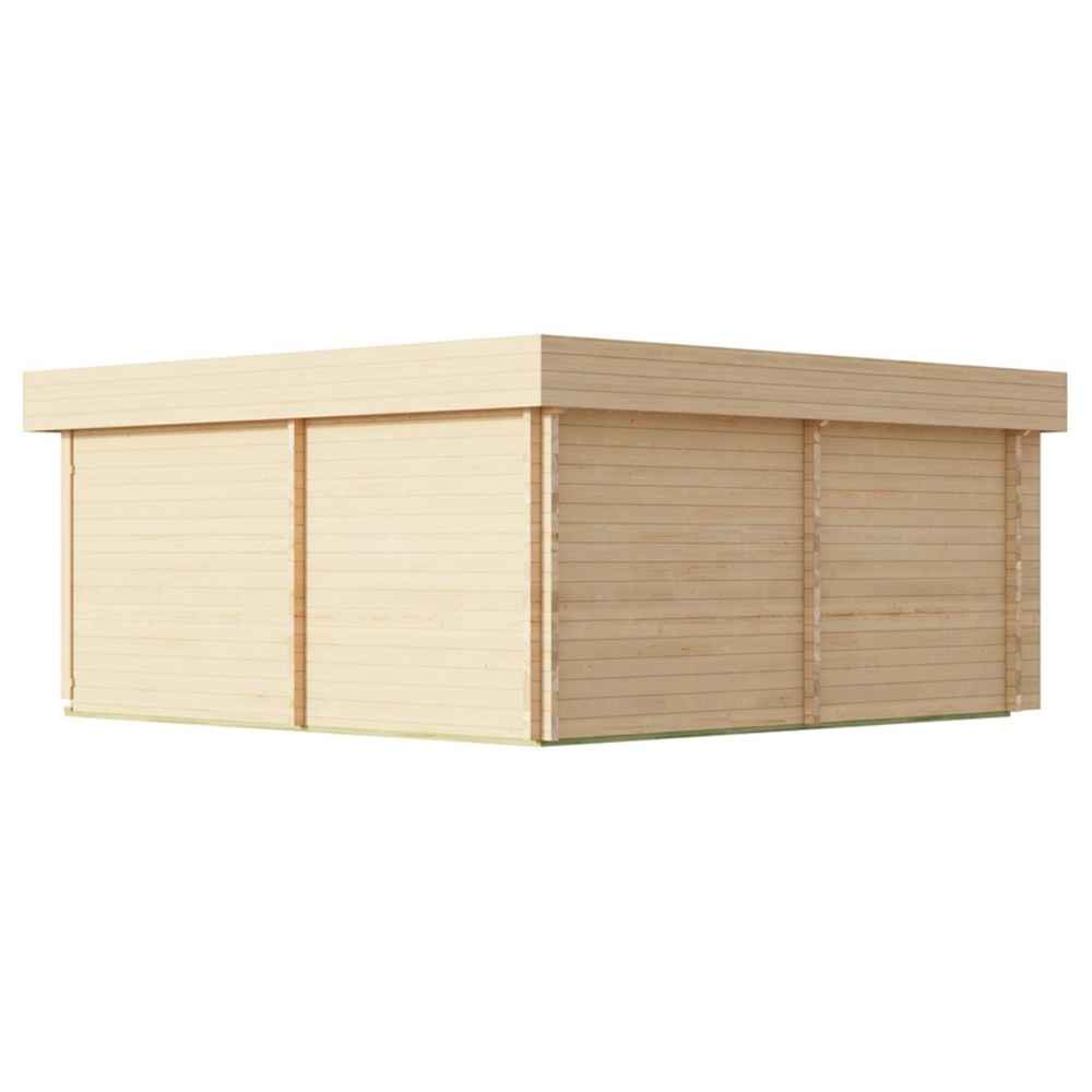 Fully enclosed rear side of the GardenHouse24 USA Sauna Piano 70 Garden Room with uninterrupted horizontal wood paneling and a flat roof