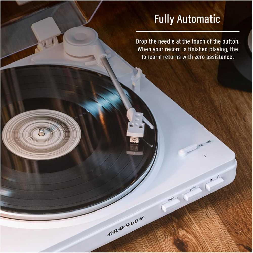 Fully automatic, the Crosley T400D Component Bluetooth Turntable - White lowers the tonearm and returns it to its resting position after playback