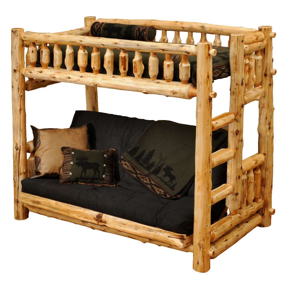 Futon Single – Fireside Lodge Cedar Log Bunk Bed shows a cedar log bunk bed with a futon sofa on the bottom and a single bed on top