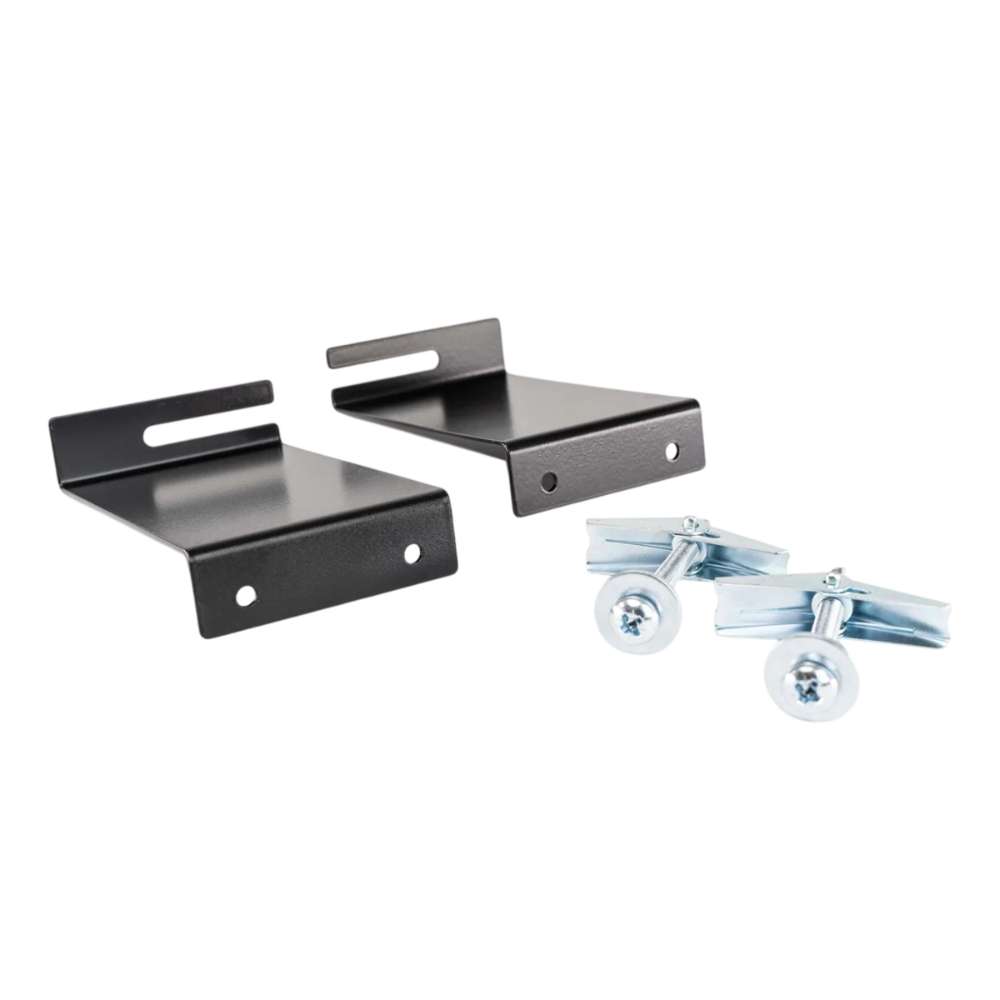 GIK Acoustics Ceiling Cloud Brackets displayed with matching mounting hardware, featuring two black metal brackets and two toggle bolts