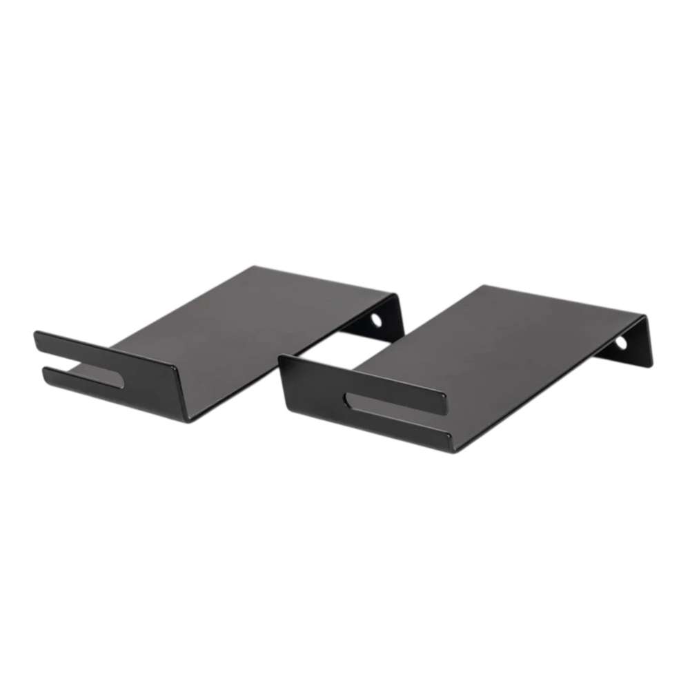 GIK Acoustics Ceiling Cloud Brackets pictured from an angled side view, highlighting their bent metal design and slotted mounting slots