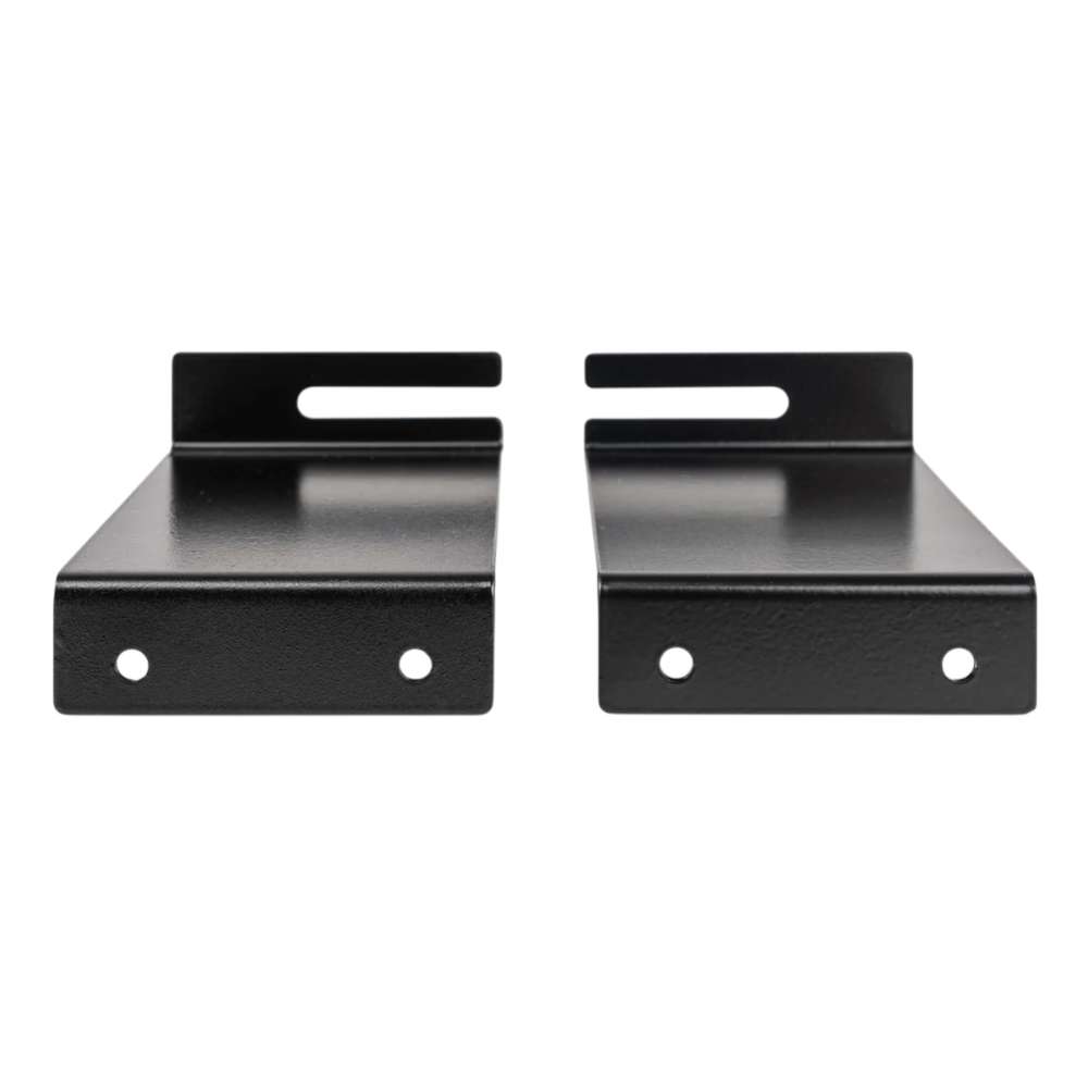 GIK Acoustics Ceiling Cloud Brackets shown as a pair of black metal mounting brackets with slotted holes and screw openings