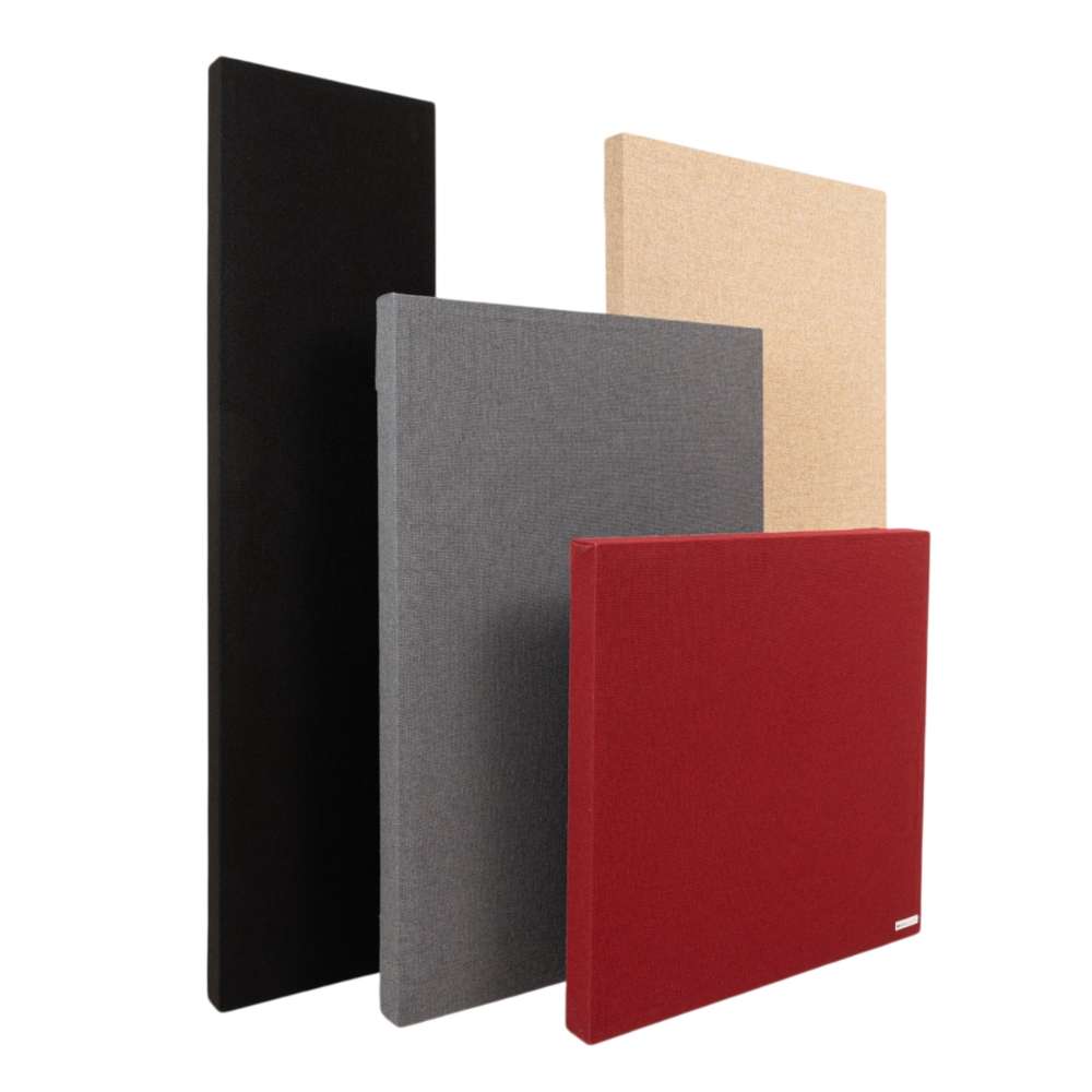 GIK Acoustics Classic Acoustic Panel collection displaying four fabric-wrapped sound absorption panels in black, beige, gray, and red finishes arranged side by side
