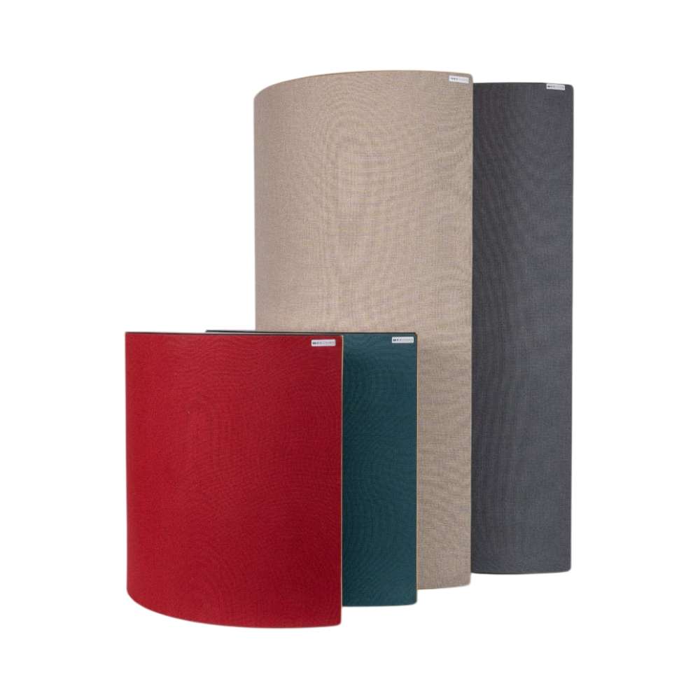 GIK Acoustics Evolution PolyFusor™ Polycylindrical Diffuser panels in red, teal, tan, and dark gray stand upright with curved fabric-covered fronts