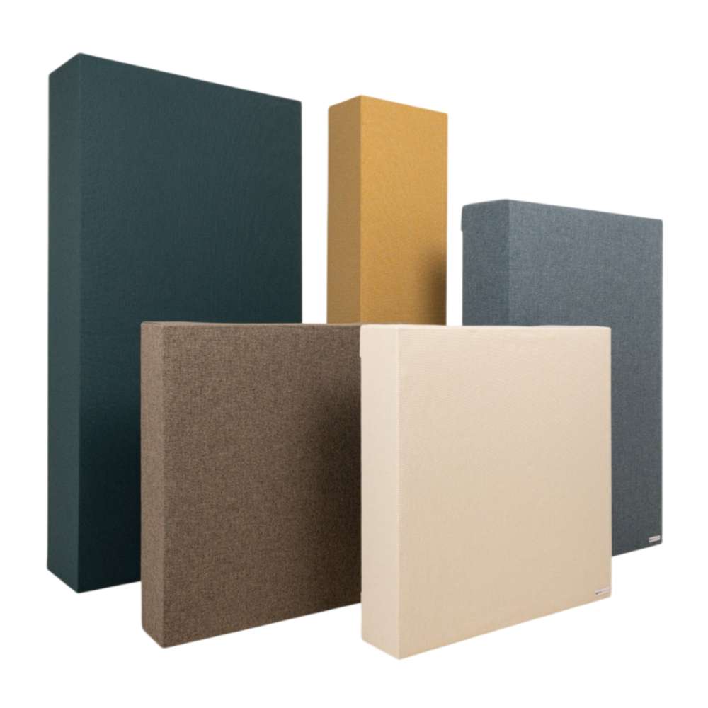 GIK Acoustics FlexRange® Bass Trap rectangular acoustic panels are presented in a lineup highlighting their different sizes and finishes