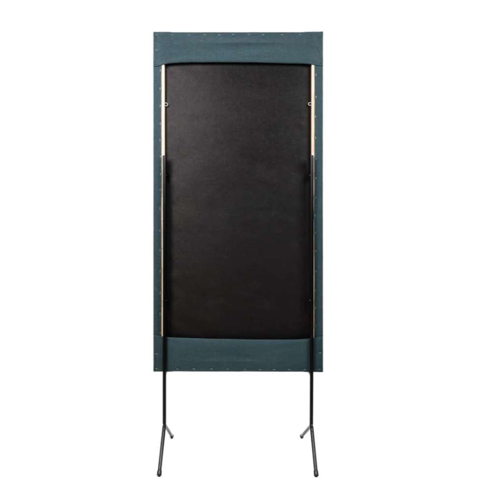 GIK Acoustics FlexRange Panel Stand shown from the back with a tall teal frame, black rear panel, and two narrow black support legs