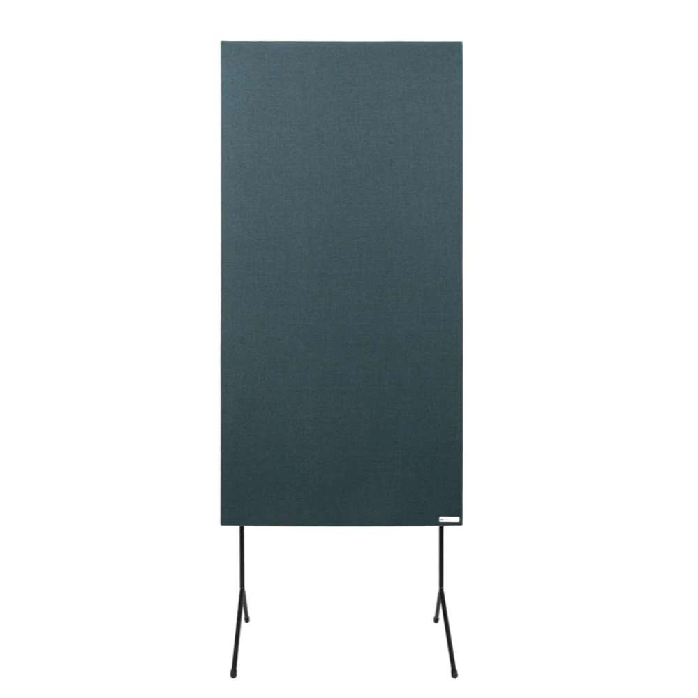 GIK Acoustics FlexRange Panel Stand shown from the front with a tall teal acoustic panel supported by two slim black tripod-style legs