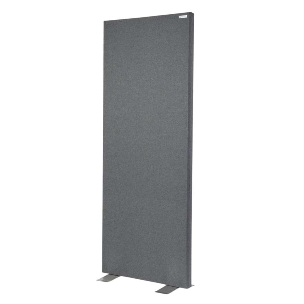 GIK Acoustics FreeStand Acoustic Panel standing vertically on metal feet, featuring a slim rectangular design with a gray fabric-covered surface
