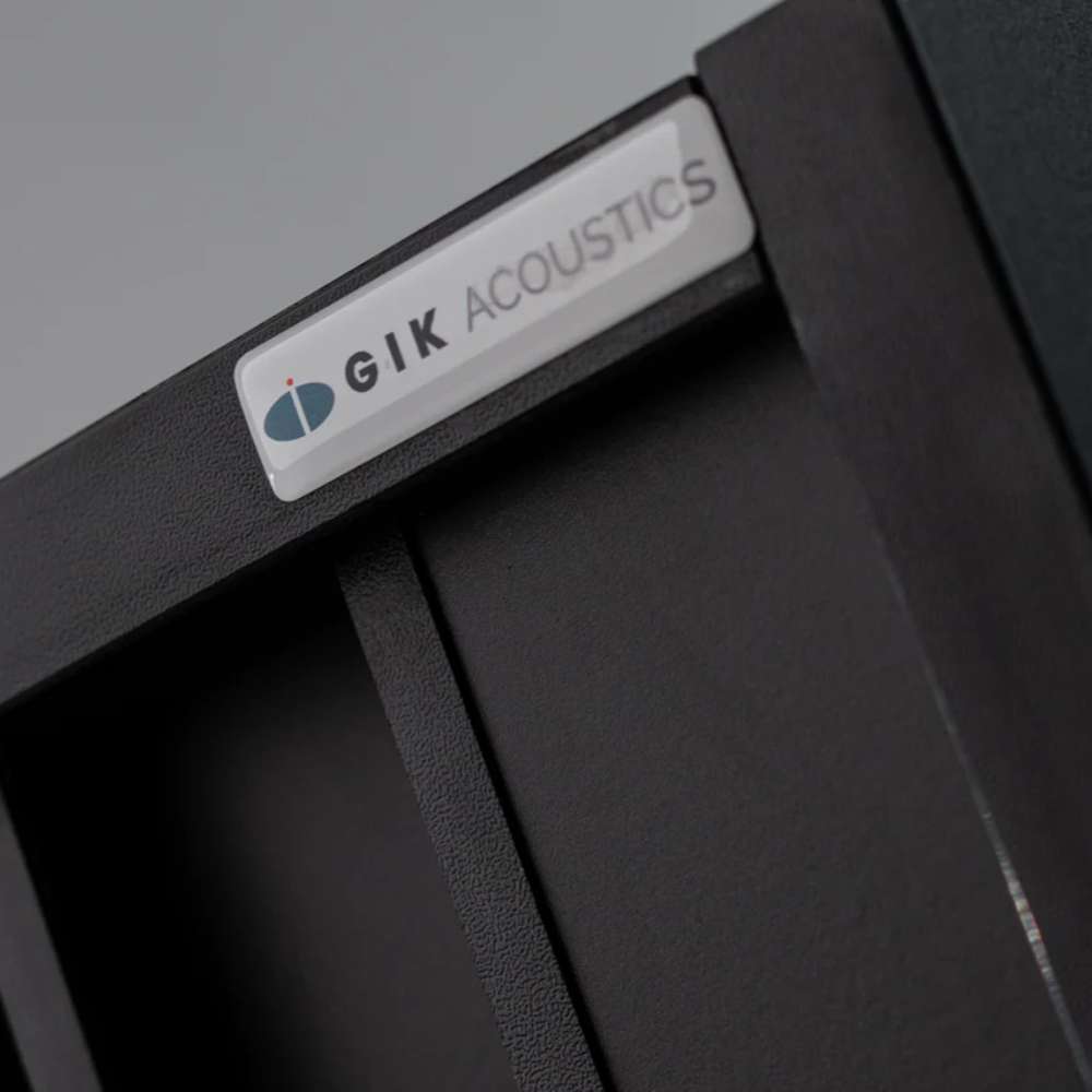 GIK Acoustics Q11D Quadratic Residue Diffuser detailed corner view highlighting the black finish and branded frame construction