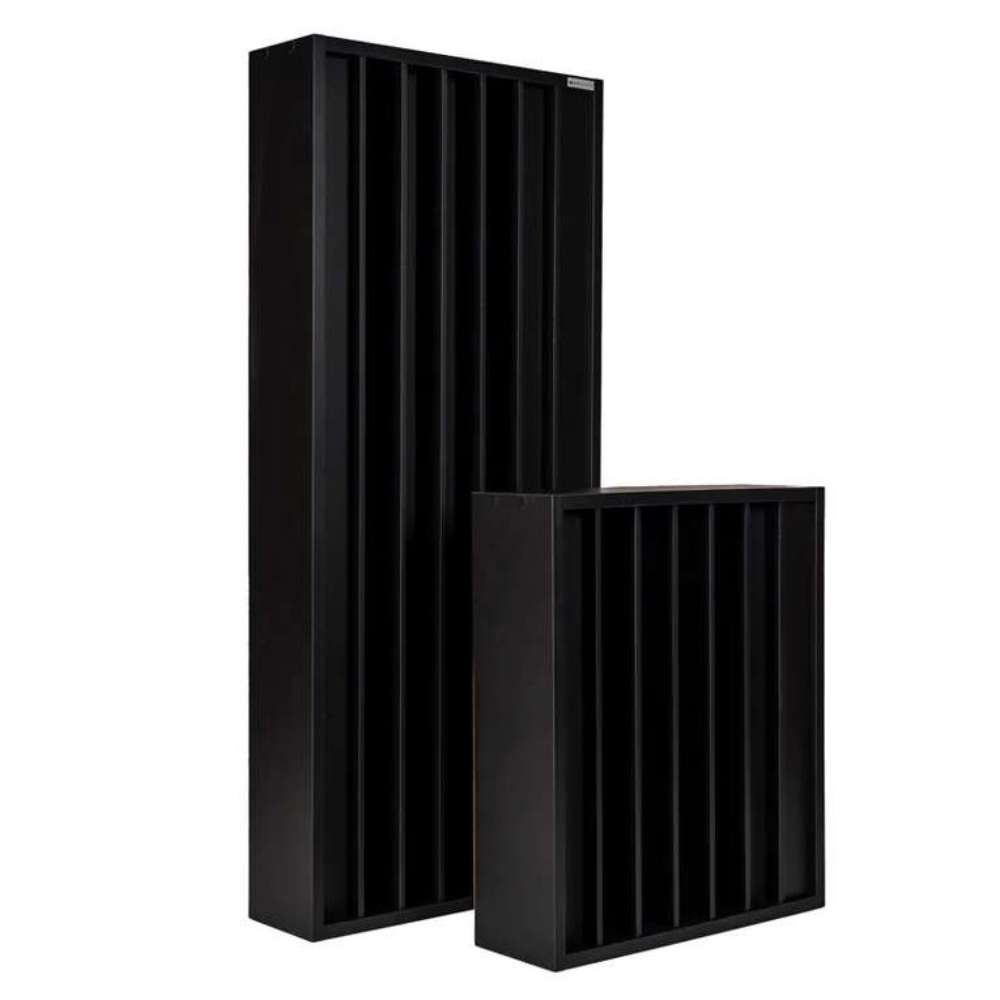 GIK Acoustics Q7D Quadratic Residue Diffuser in black rectangular and square designs with deep vertical wells for balanced sound diffusion