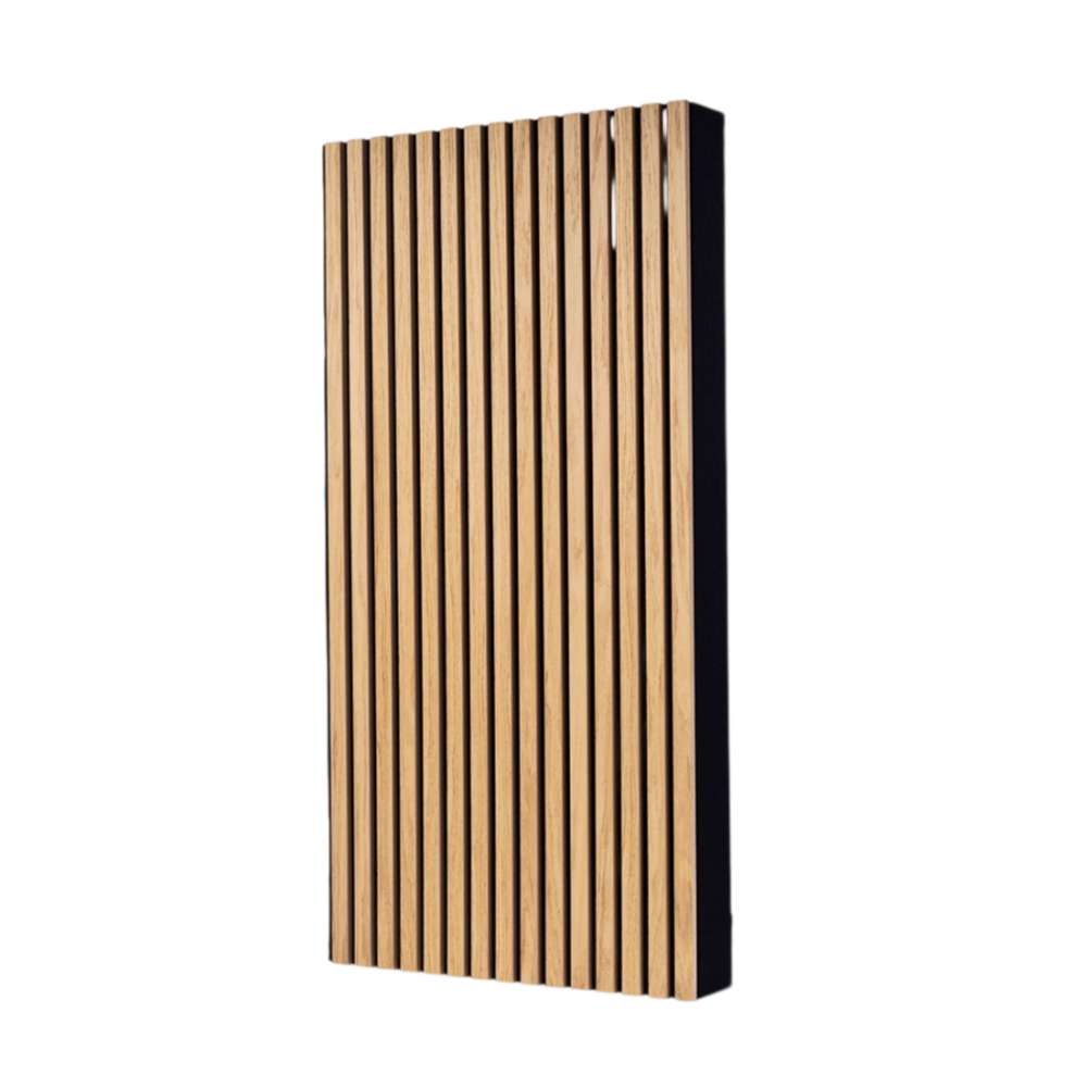 GIK Acoustics SlatFusor Acoustic Panel featuring evenly spaced vertical oak-finished wood slats on a black core, displayed in a three-quarter view