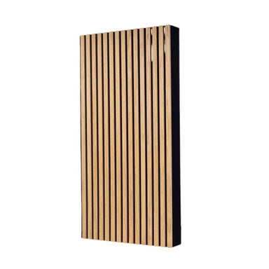 GIK Acoustics SlatFusor Acoustic Panel featuring evenly spaced vertical oak-finished wood slats on a black core, displayed in a three-quarter view
