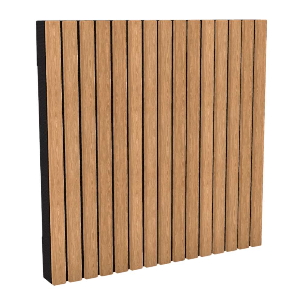 GIK Acoustics SlatFusor Acoustic Panel with a square design, showcasing vertical oak wood slats over a black acoustic backing for sound diffusion and absorption