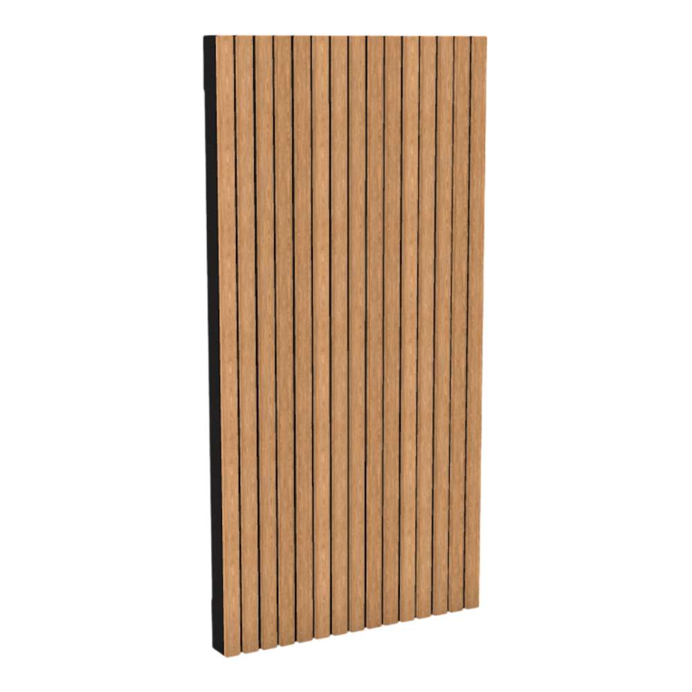 GIK Acoustics SlatFusor Acoustic Panel with vertical oak wood veneer slats mounted on a black backing, shown as a tall rectangular acoustic wall panel