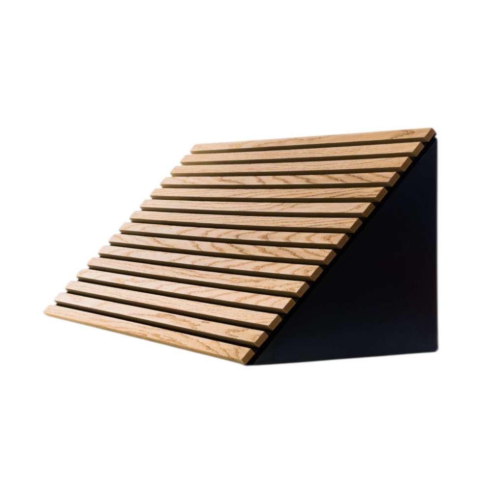 GIK Acoustics SlatFusor™ Corner Bass Trap displayed as a wedge-shaped corner unit with evenly spaced wooden slats over a dark acoustic core