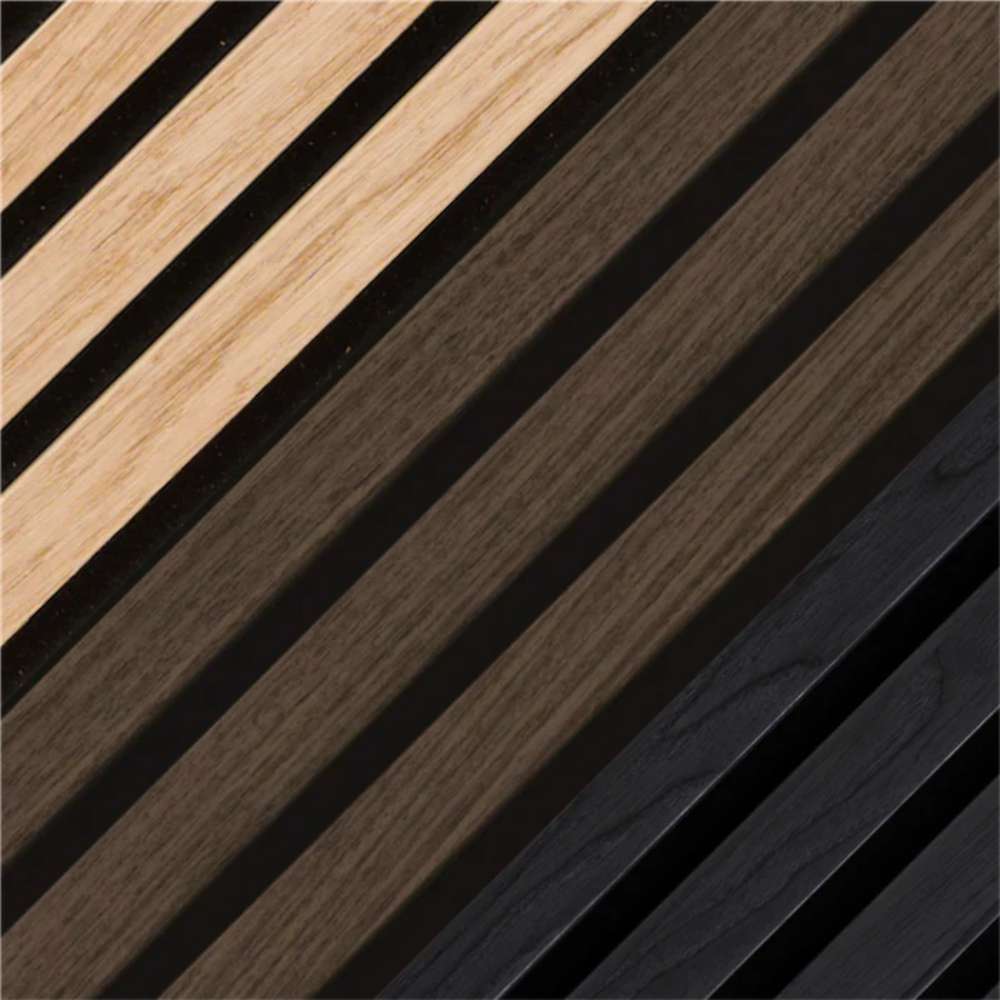 GIK Acoustics SlatFusor™ Corner Bass Trap featuring close-up wood slats in multiple finish options separated by black acoustic gaps