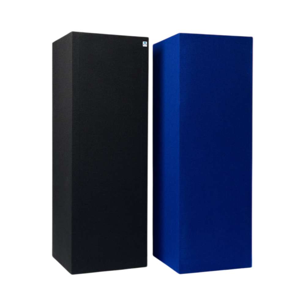GIK Acoustics Soffit Corner Bass Trap shown in black and blue fabric finishes, designed as tall rectangular acoustic panels for placement in room corners