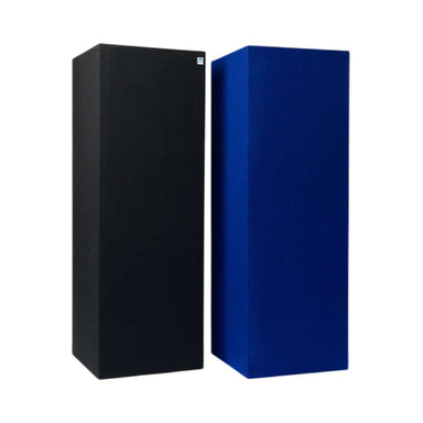 GIK Acoustics Soffit Corner Bass Trap shown in black and blue fabric finishes, designed as tall rectangular acoustic panels for placement in room corners