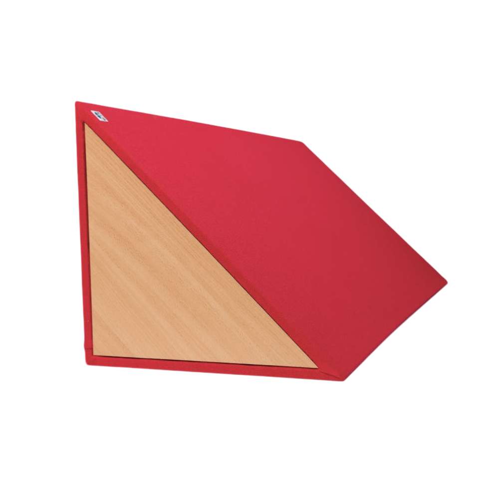 GIK Acoustics TriTrap™ Corner Bass Trap in red fabric with a light wood triangular inset, shown at an angle on a white background