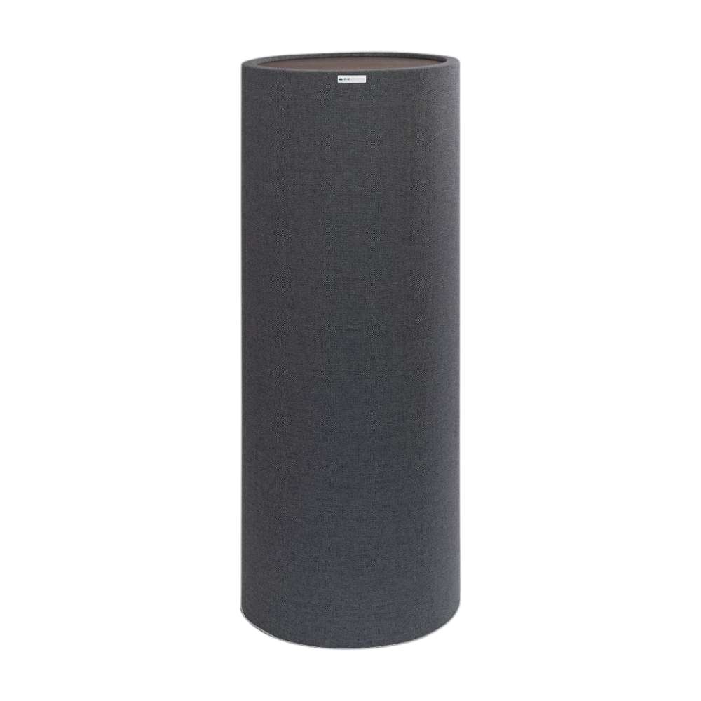 GIK Acoustics TurboTrap™ Cylindrical Bass Trap shown as a tall, dark gray fabric-covered cylinder designed to reduce low-frequency sound reflections in a room