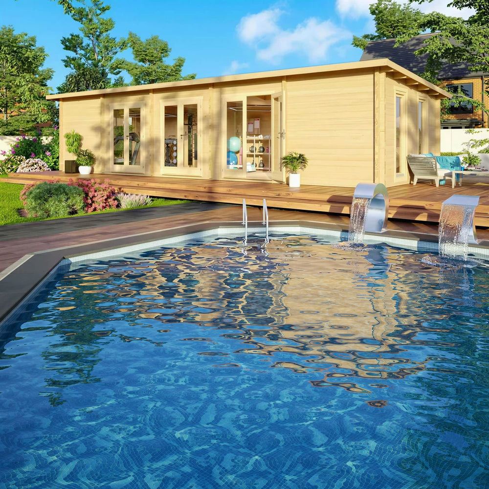 GardenHouse24 USA Game Room 70 Garden Room is shown next to a pool on a sunny day